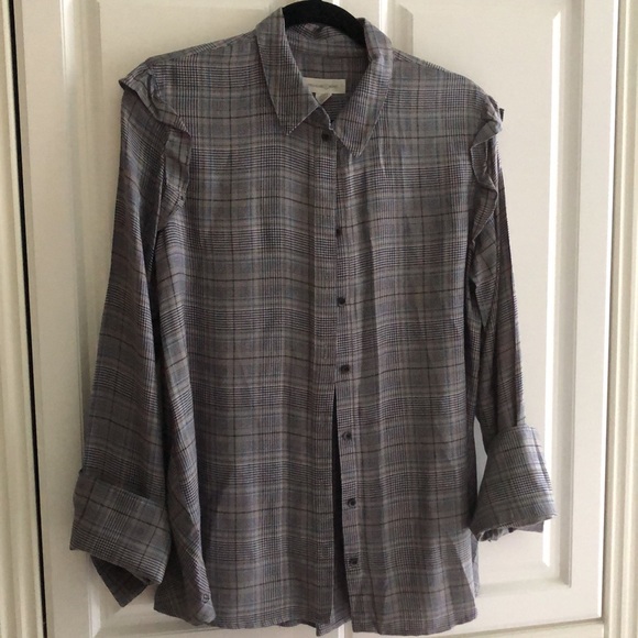 💙Treasure&Bond Tailored button down shoulder ruffle plaid cuff sleeved blouse. - Picture 10 of 12